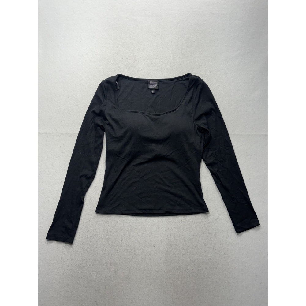 Derek Heart Shirt Womens Large Black Square Neck Long Sleeve Stretch Ribbed Tee